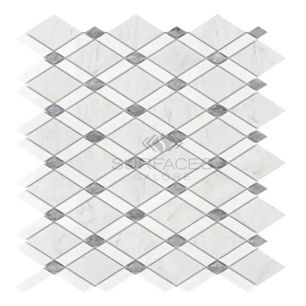 White diamond-patterned mosaic tiles with gray accent squares in Carrara White Royale Lattice marble tile