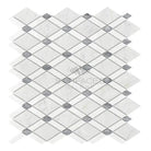 White diamond-patterned mosaic tiles with gray accent squares in Carrara White Royale Lattice marble tile