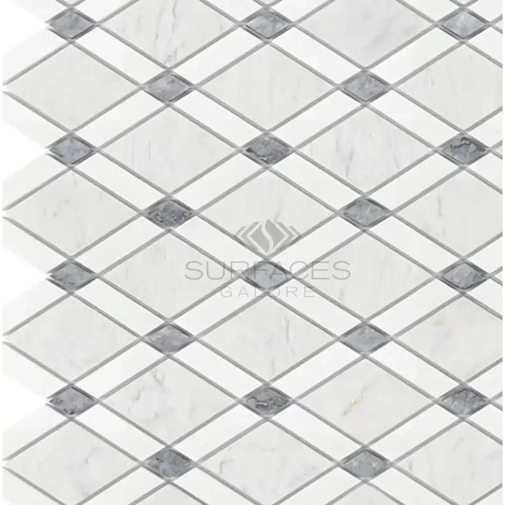 White marble tile with grey diamond pattern from Carrara White Royale Lattice Mosaic