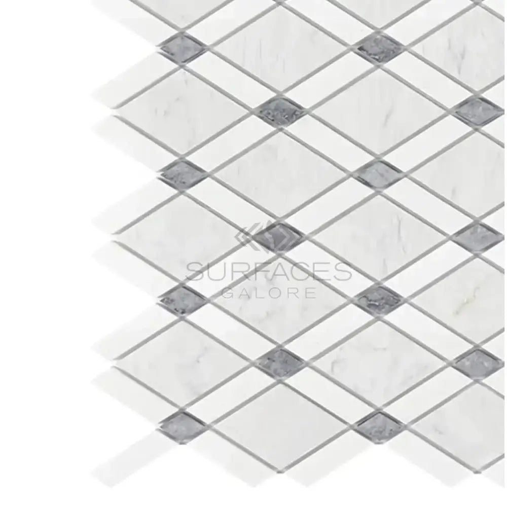 White marble diamond mosaic tile with grey accents from Carrara White Royale Lattice collection