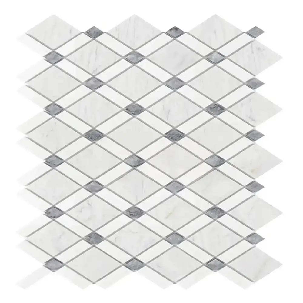 White and gray rhombus-patterned marble mosaic tile from Carrara White Royale Lattice collection