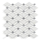 White and gray rhombus-patterned marble mosaic tile from Carrara White Royale Lattice collection