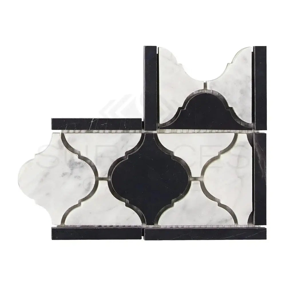 Black and white marble mosaic tile from Carrara White Royale border corner collection