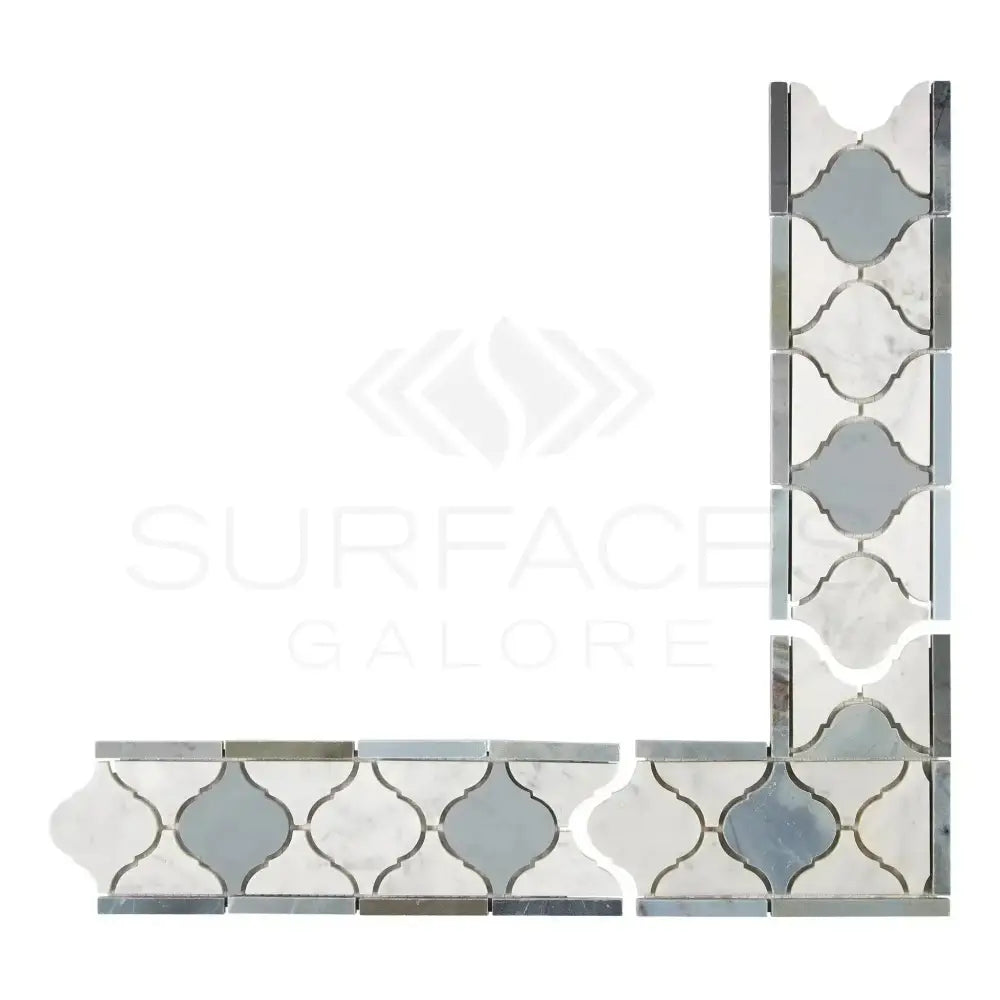 Arabesque mosaic tile corner from Carrara White Royale Luxury border with Blue-Gray finish