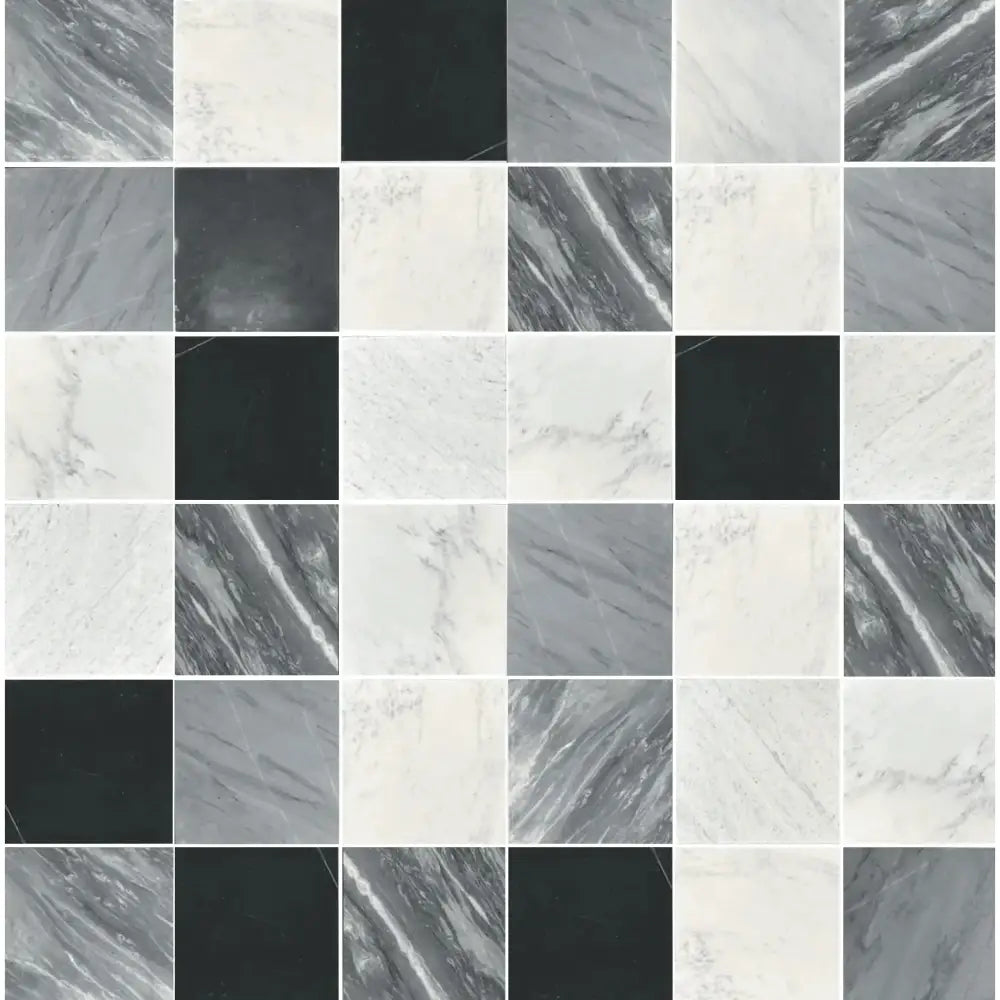 Checkerboard pattern of Carrara White Royale marble and solid tiles for elegant flooring