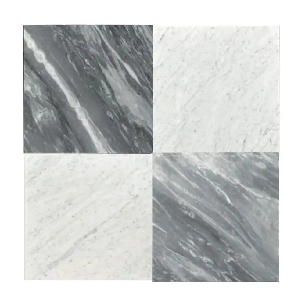 Four Carrara White Royale Marble 3x6 tumbled tiles with elegant marble pattern