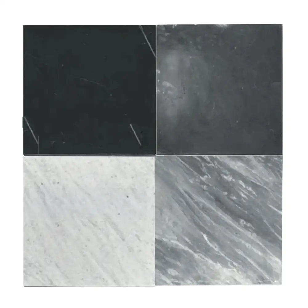 Four square Carrara White Royale Marble 3x6 tumbled tiles for flooring and backsplashes