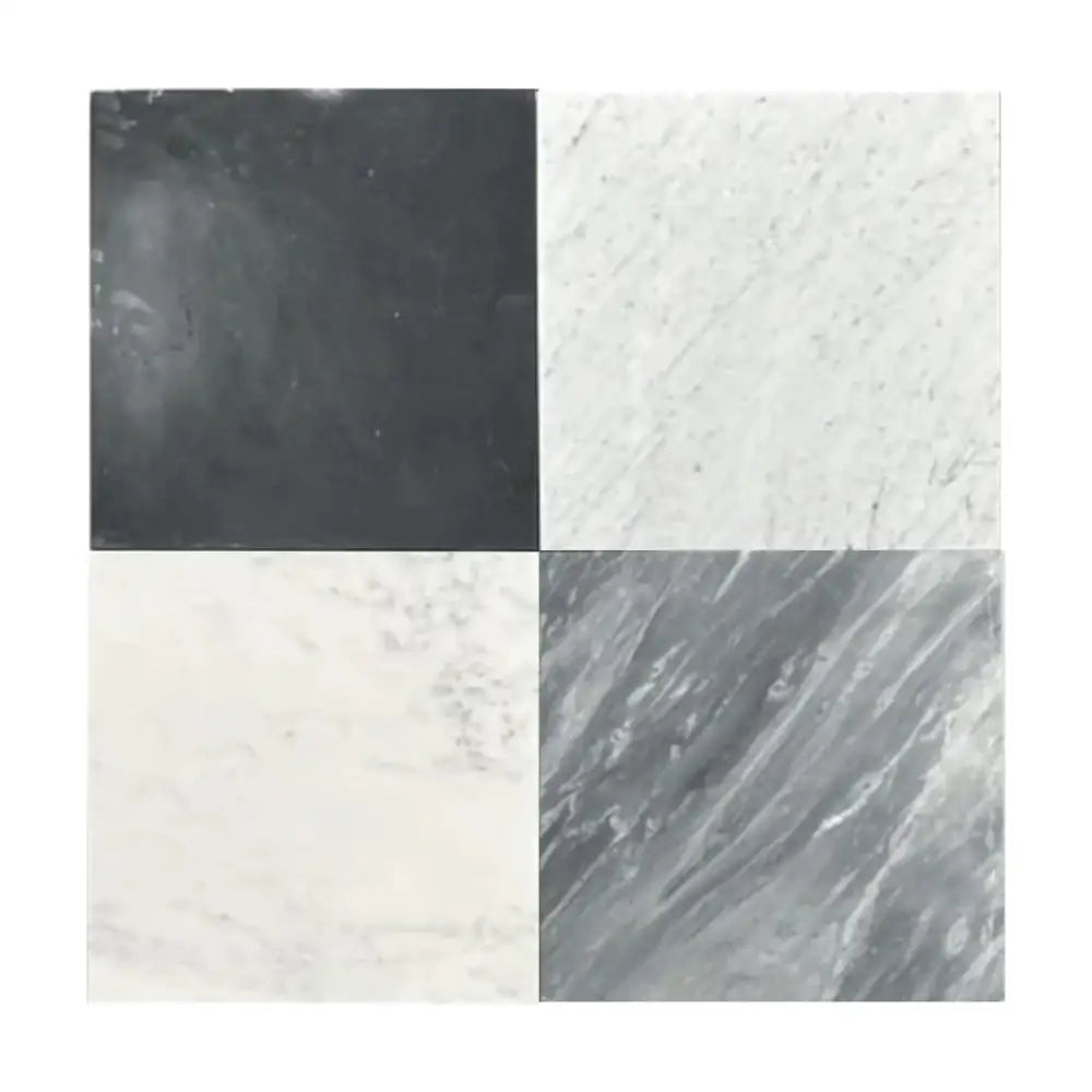 Four Carrara White Royale marble tiles in 3x6 tumbled finish for elegant flooring