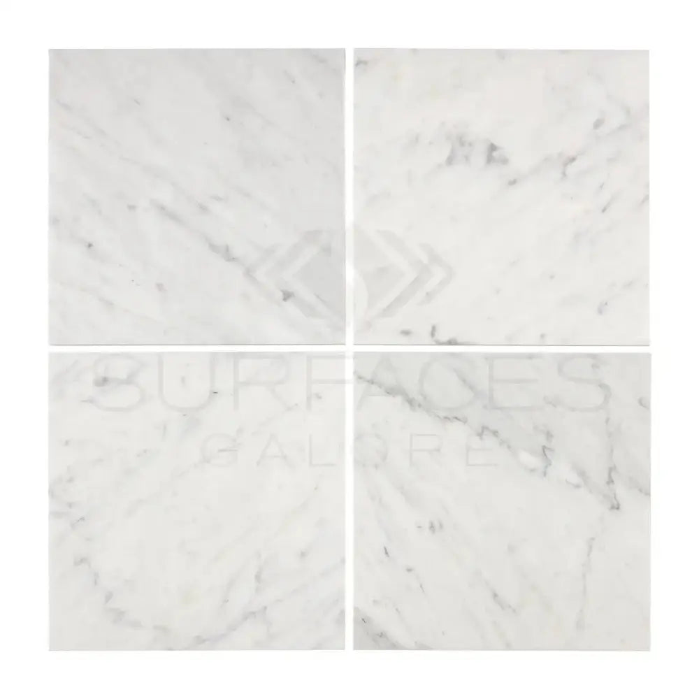Four polished Carrara White Royale marble tiles for elegant interior flooring