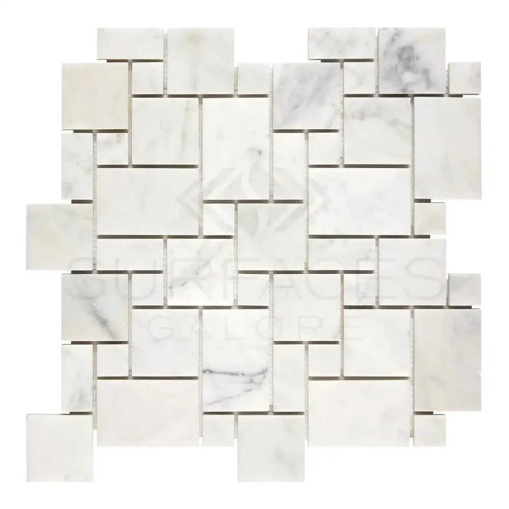Carrara White Royale Mini-Versailles Pattern Mosaic Marble Tile with rectangular and square pieces