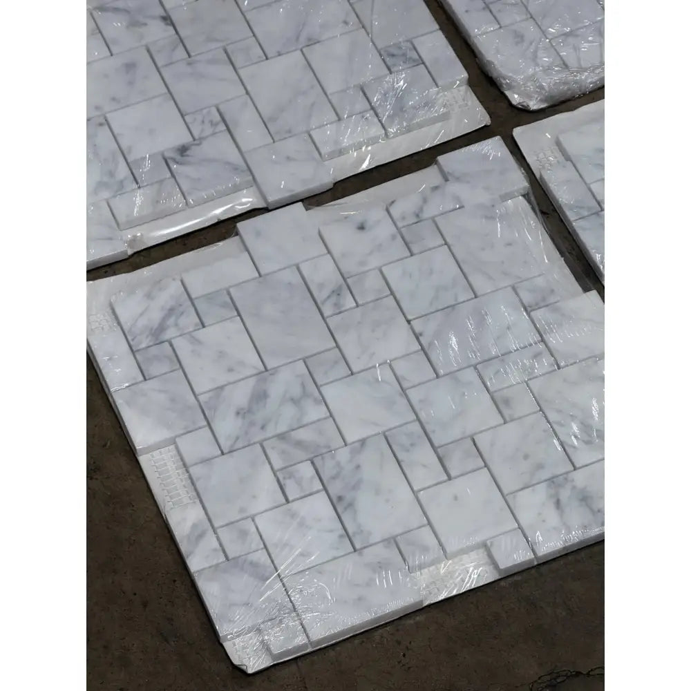 Packaged Carrara White Royale Mini-Versailles Pattern Mosaic Marble Tile with varied rectangular and square tiles