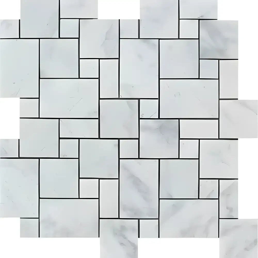 Carrara White Royale Mini-Versailles Pattern Marble Mosaic Tiles with dark grout lines