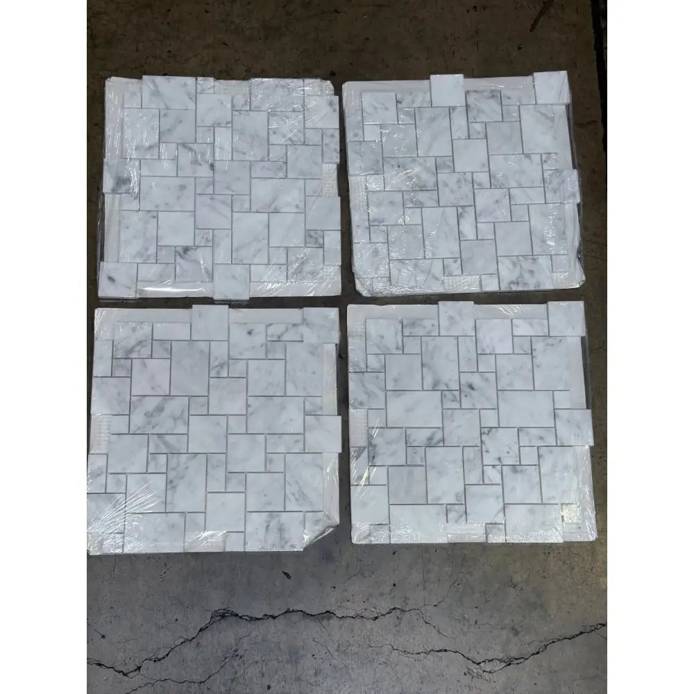 Four sheets of Carrara White Royale Mini-Versailles Pattern Mosaic Marble Tile with random pattern