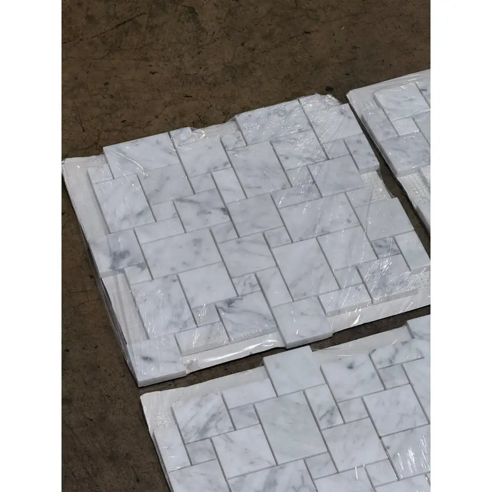 Stacked white marble mosaic tiles with basketweave pattern for Carrara White Royale Mini-Versailles pattern