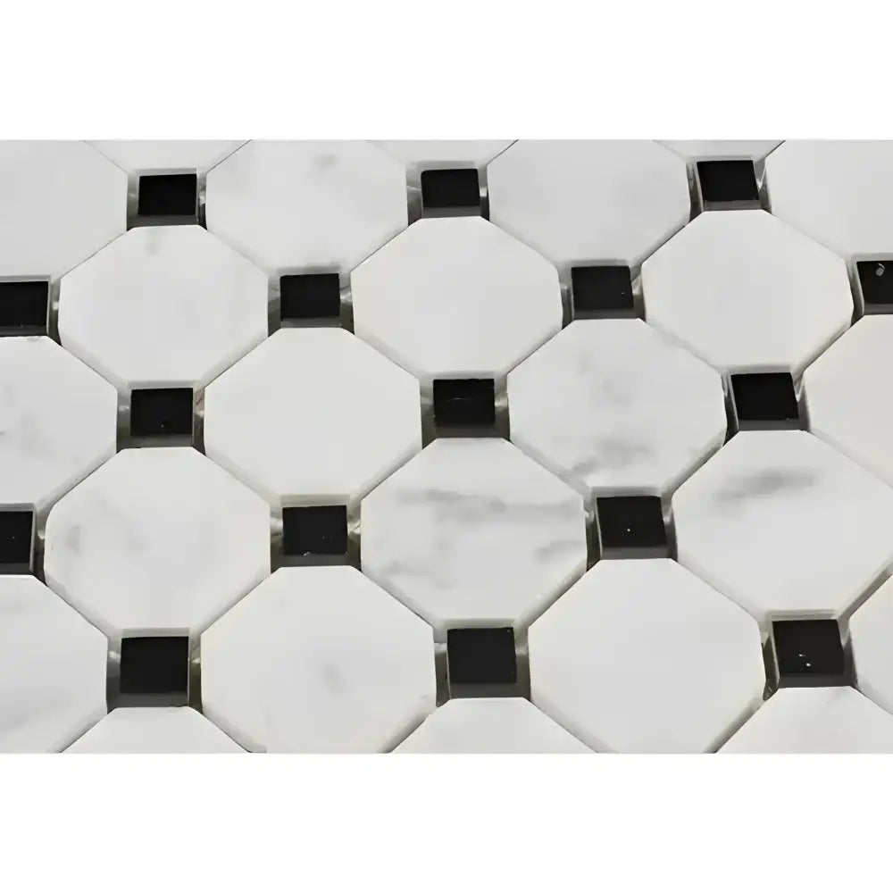 White octagonal marble mosaic tiles with small black squares for elegant flooring or backsplash
