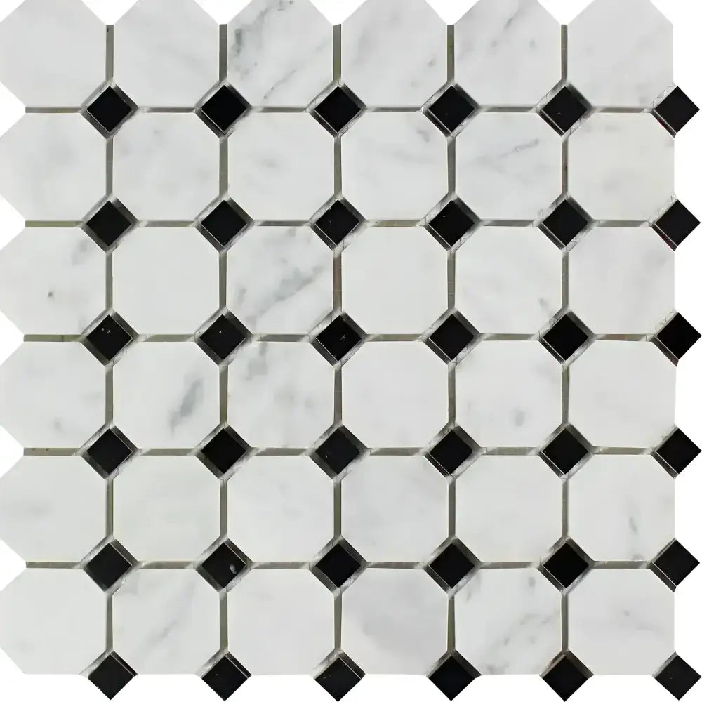 White octagonal marble mosaic tiles with black square accents for elegant flooring or backsplash