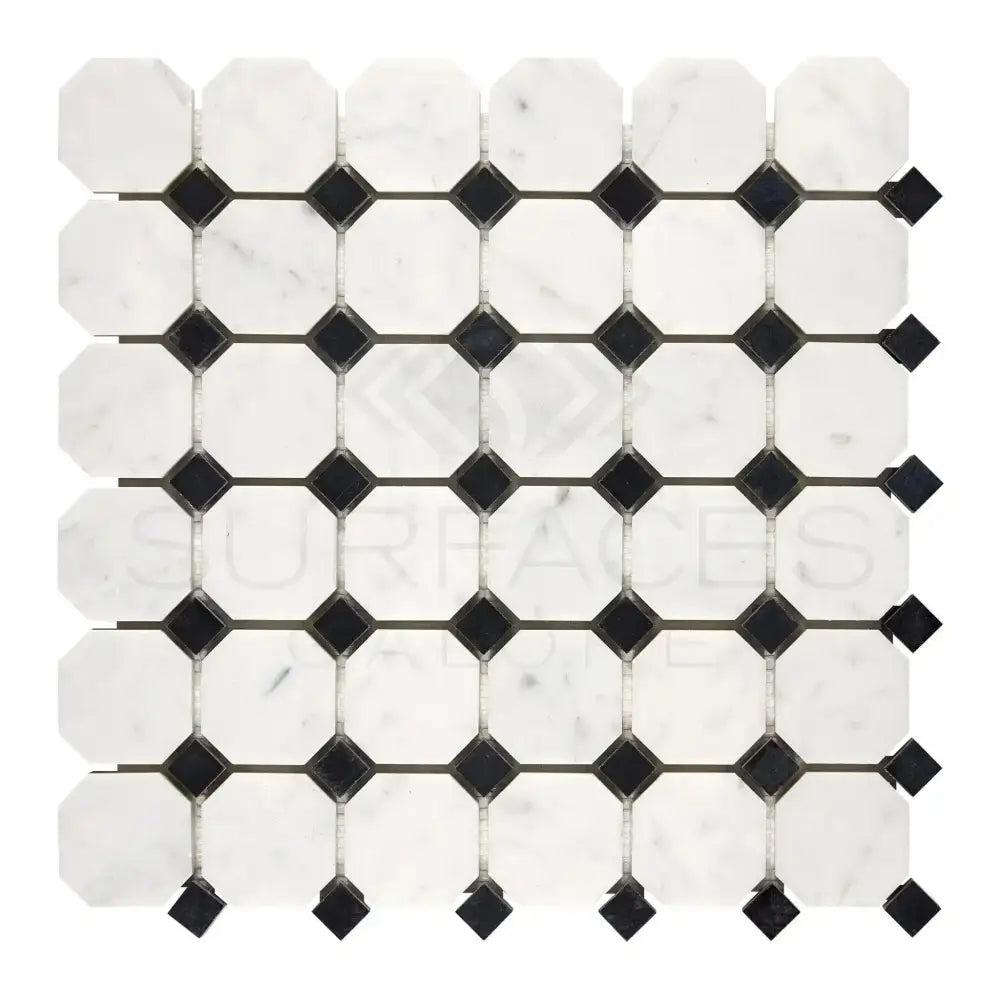 Carrara White Royale Octagon marble mosaic tile with black square accents