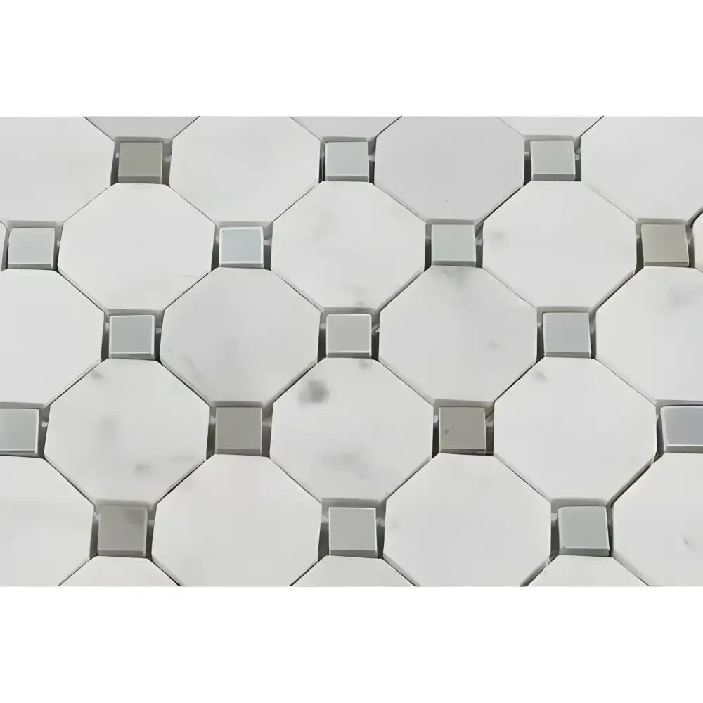 Carrara White Royale Octagon with Blue-Gray Dot Mosaic Marble Tile for elegant flooring