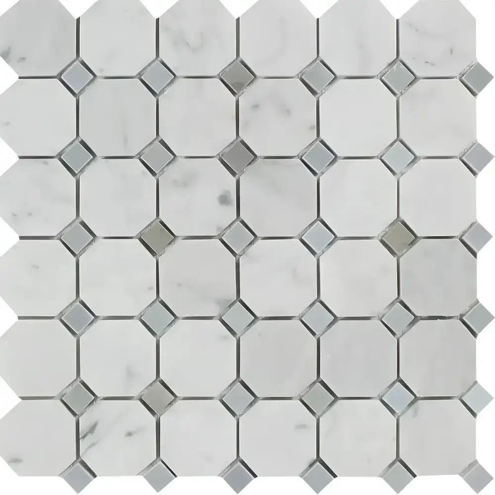 Carrara White Royale Octagon mosaic marble tile with white marble and gray diamond accents