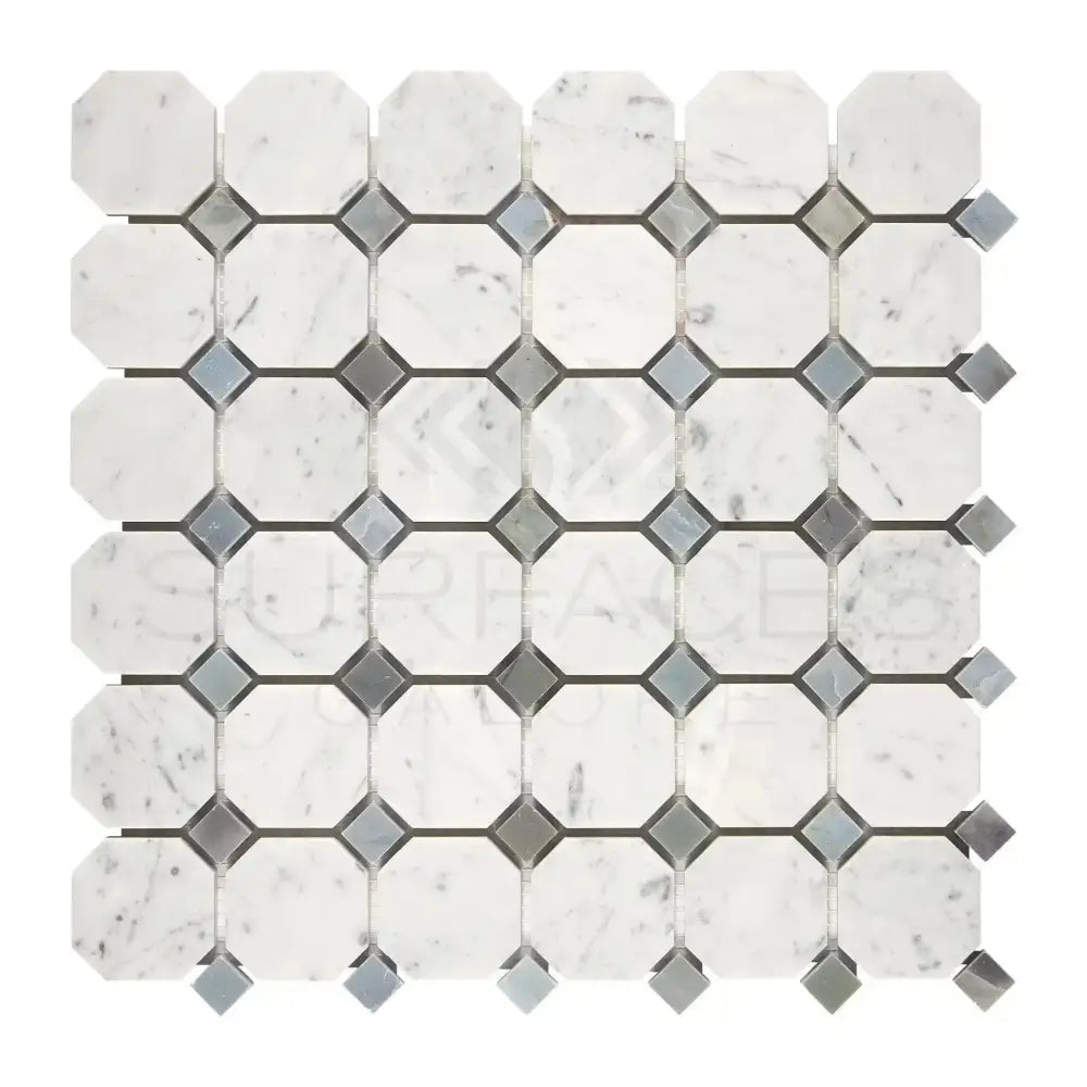 White octagonal marble mosaic tiles with gray square accents for elegant flooring or backsplash