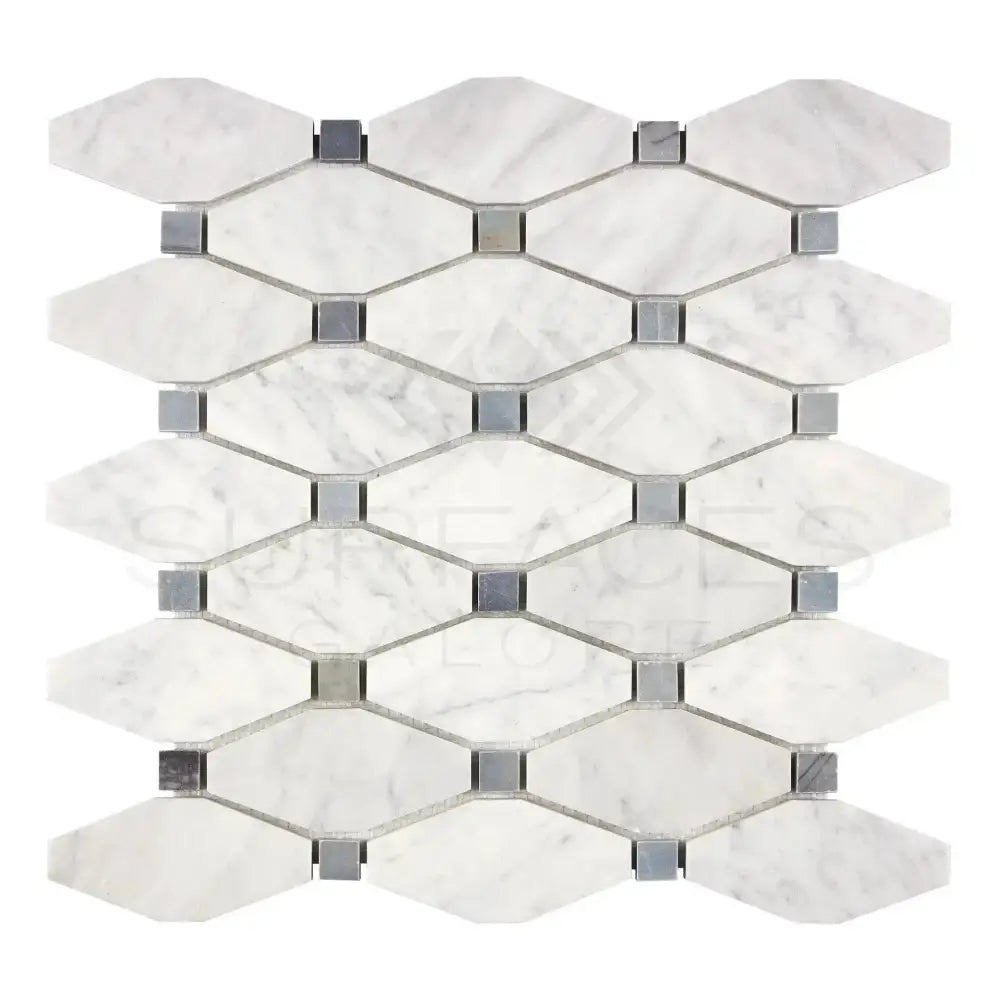 White marble and metal geometric mosaic tile for Carrara White Royale Octave collection