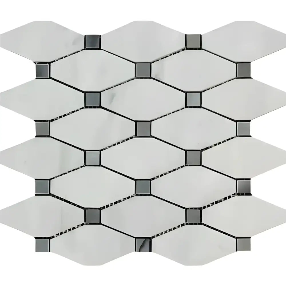 Carrara White Royale Octave mosaic with white marble and gray glass picket tiles