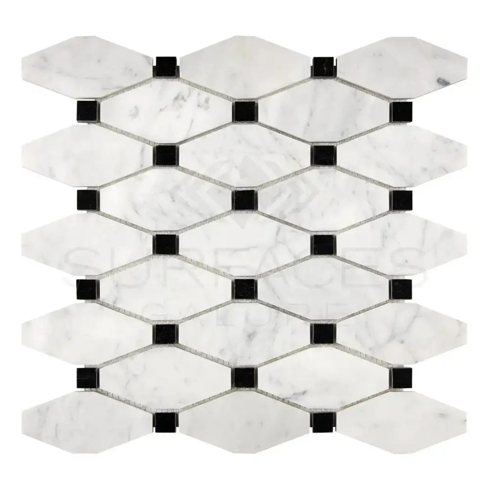 White marble mosaic tile with black square accents for elegant flooring or backsplash