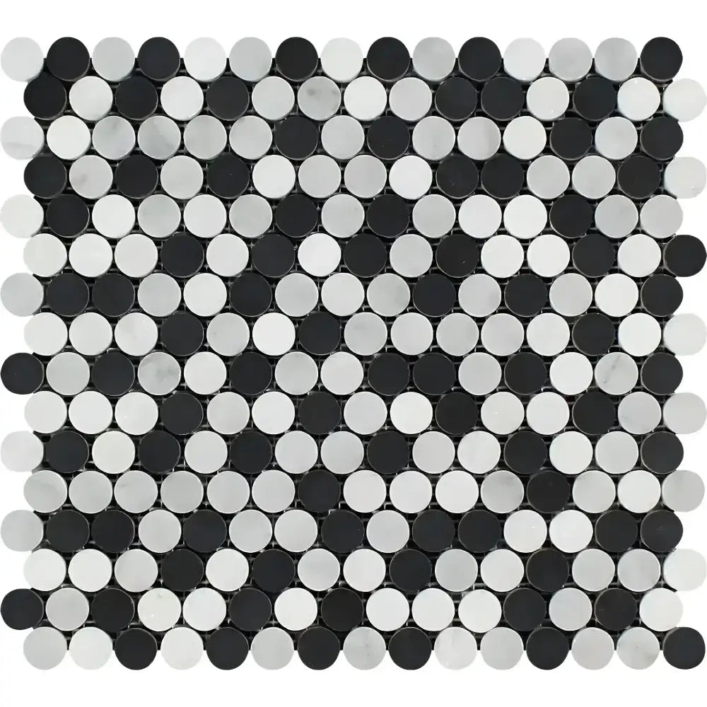 Black and white penny round mosaic marble tiles from Carrara White Royale series