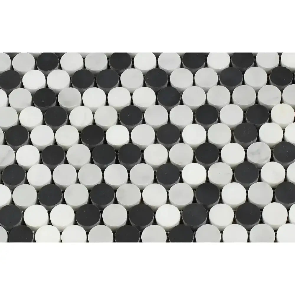 Black and white penny round mosaic marble tiles from Carrara White Royale collection