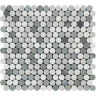 Round mosaic marble tiles in white, grey, and light blue for Carrara White Royale Penny-Round Mosaic