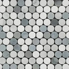 Light-toned mosaic marble tiles in white, grey, and blue for Carrara White Royale Penny-Round Mosaic