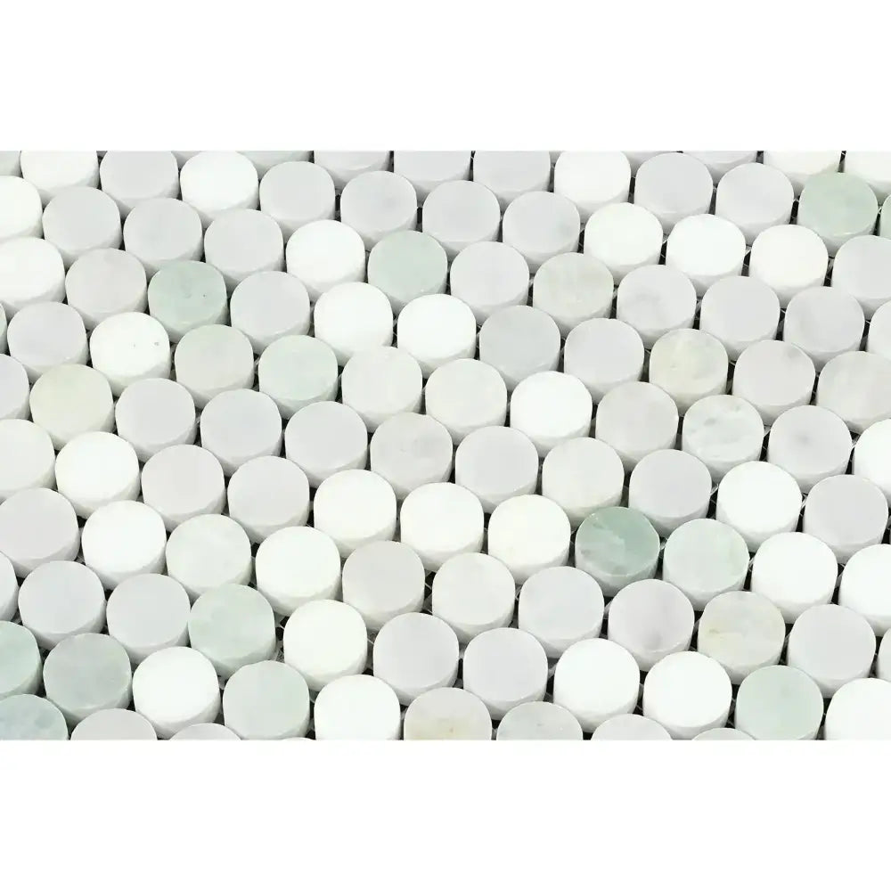 Carrara White Royale Penny-Round Mosaic Marble Tile with white and light green tiles