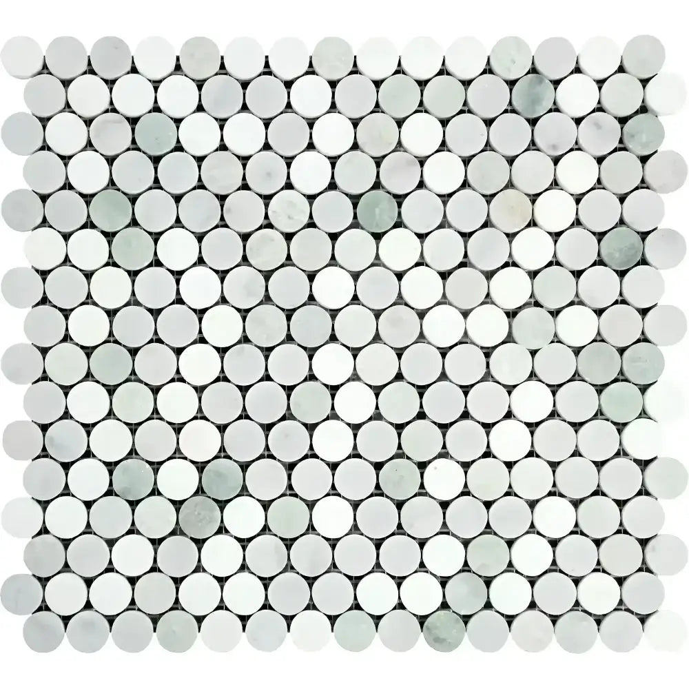 Carrara White Royale penny-round mosaic marble tile with subtle grey veining