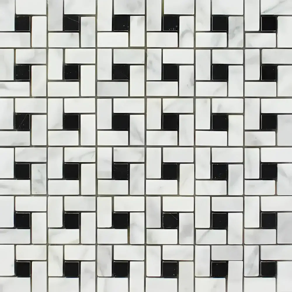Black and white marble mosaic tiles in a pinwheel pattern for Carrara White Royale Mosaic