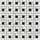 Black and white marble mosaic tiles in a pinwheel pattern for Carrara White Royale Mosaic