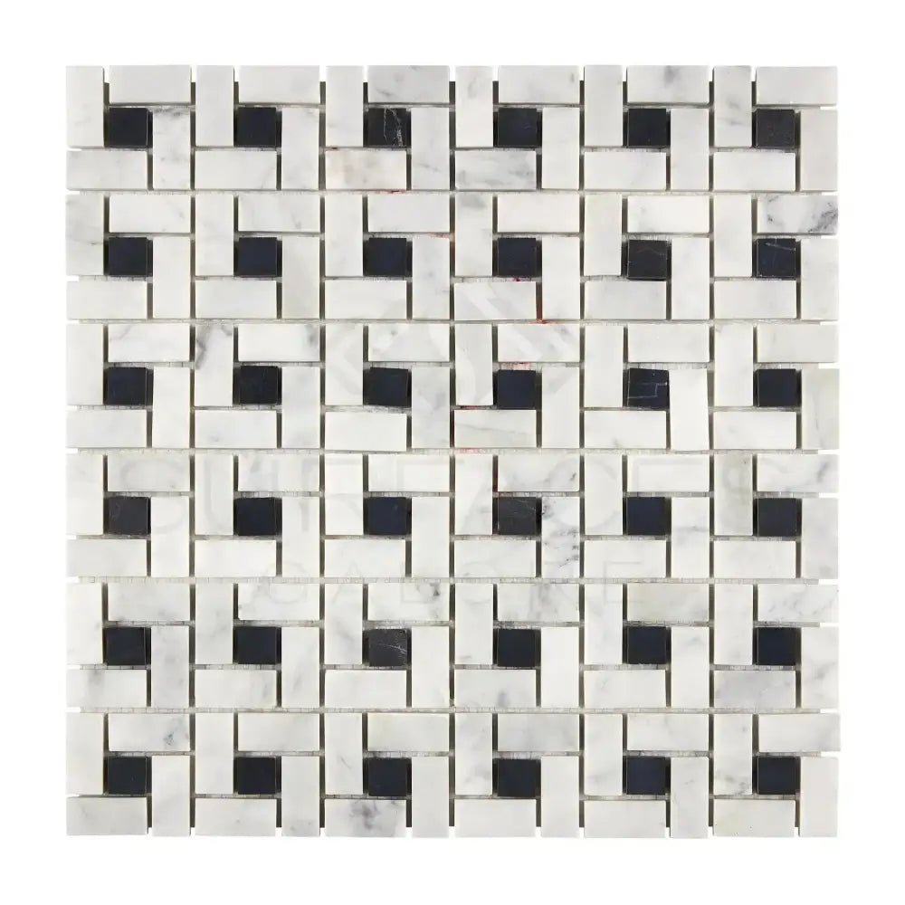 White and black pinwheel mosaic tile from Carrara White Royale collection