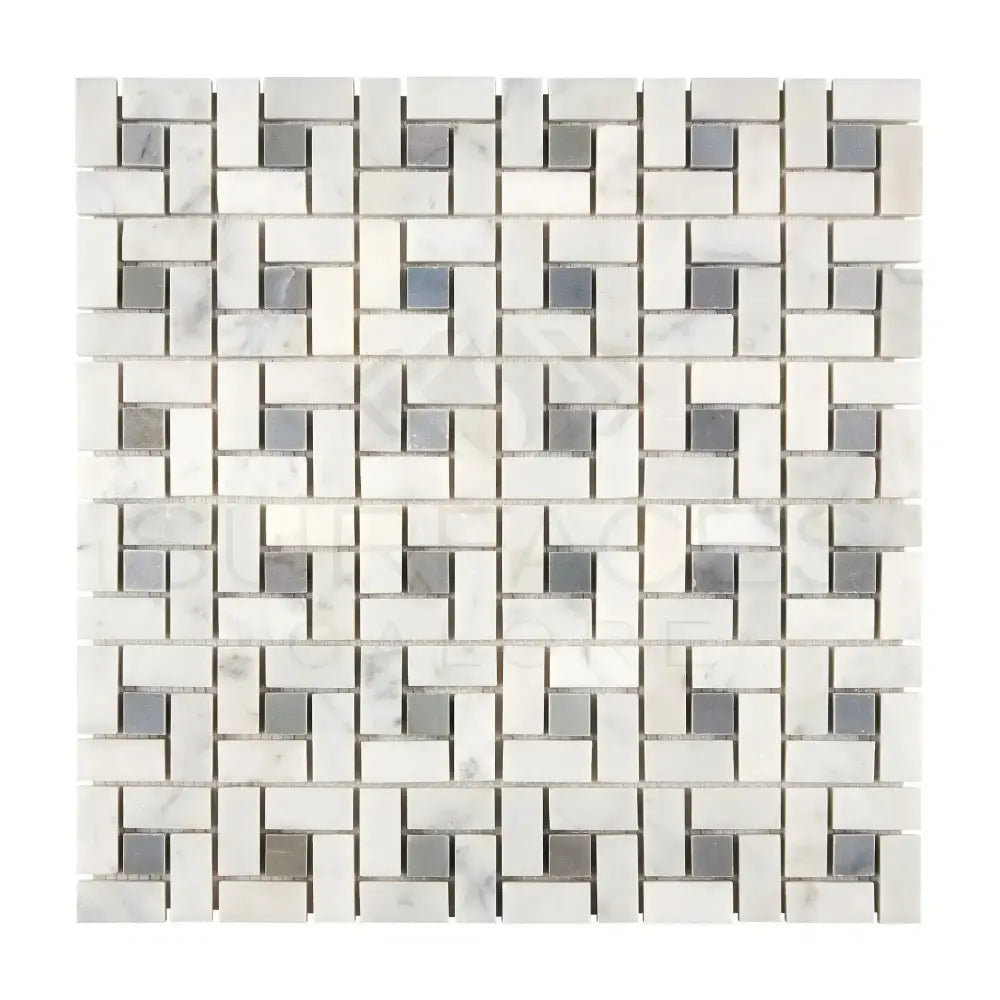 White and gray marble mosaic tile with a pinwheel pattern for elegant flooring or backsplash