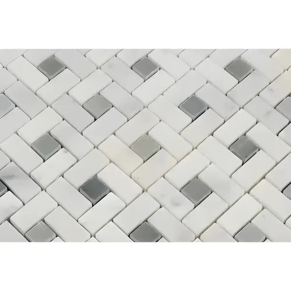 Carrara White Royale Pinwheel Mosaic Marble Tile with white and grey natural stone mosaic in basketweave pattern