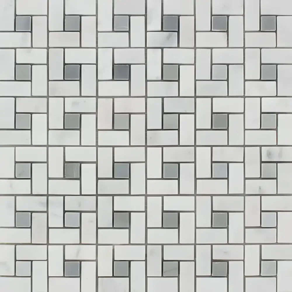 Carrara White Royale Pinwheel Mosaic Marble Tile with white and grey mosaic pattern