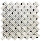 Rectangular Carrara White Royale Mosaic Tile with herringbone pattern and black gray accents