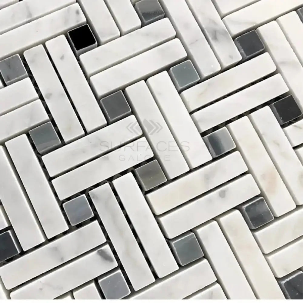 White and gray natural stone mosaic tile with basketweave pattern for Carrara White Royale Stanza Marble Tile
