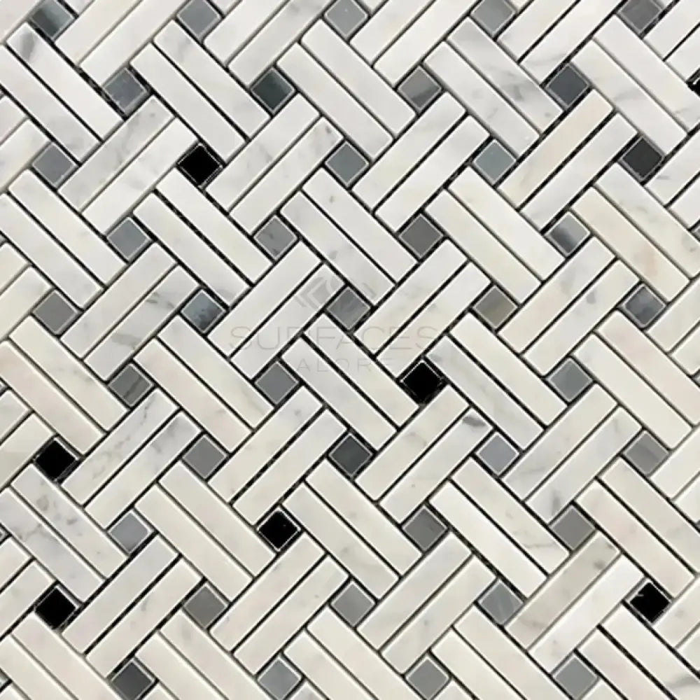 Mosaic tile with herringbone pattern of light rectangular pieces and dark gray black squares