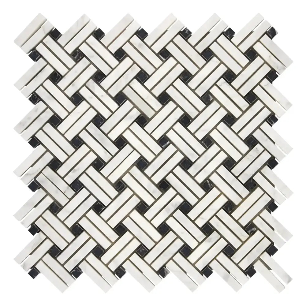 Woven pattern of white and black mosaic tiles from Carrara White Royale Stanza Marble Tile