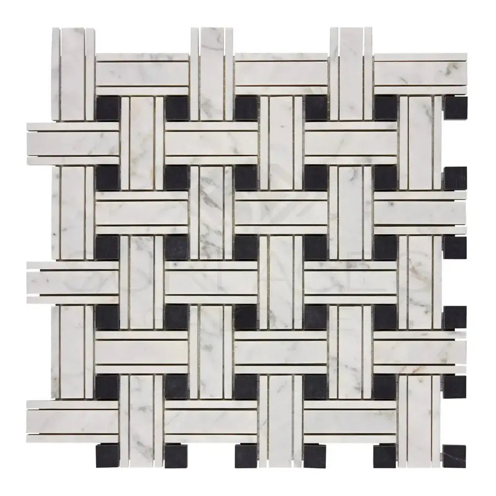 Carrara White Royale Triple-Weave mosaic marble tile with white and black basketweave pattern