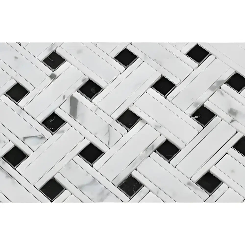 Carrara White Royale Triple-Weave (w/Black) Mosaic Marble Tile-American Stone