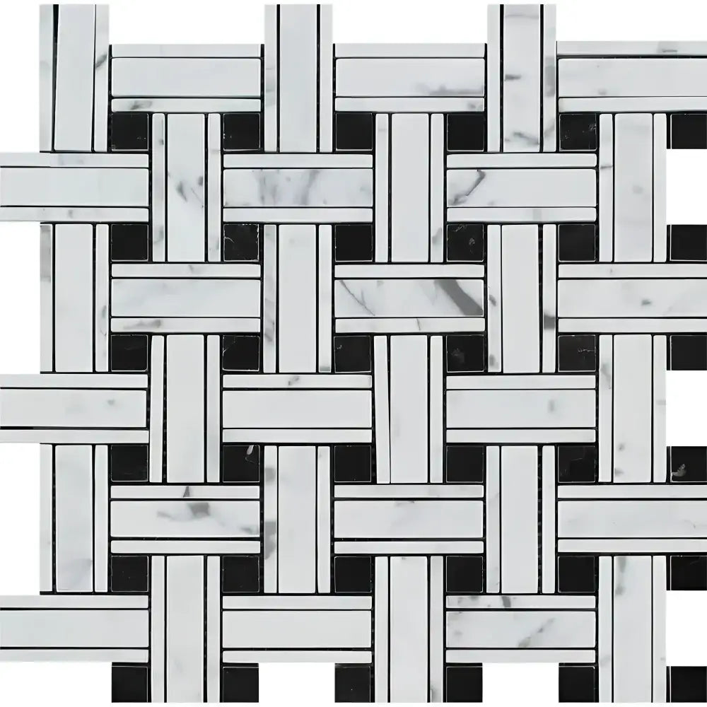 Black and white marble mosaic tile with woven pattern in Carrara White Royale Triple-Weave