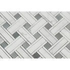 White and gray marble mosaic tile with herringbone pattern in Carrara White Royale Triple-Weave
