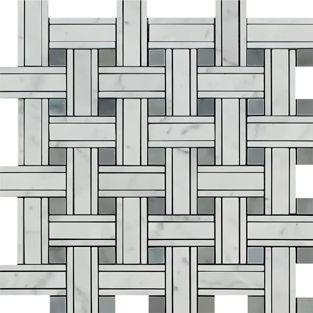 Carrara White Royale Triple-Weave marble mosaic tile with white, gray, and blue-gray basketweave pattern