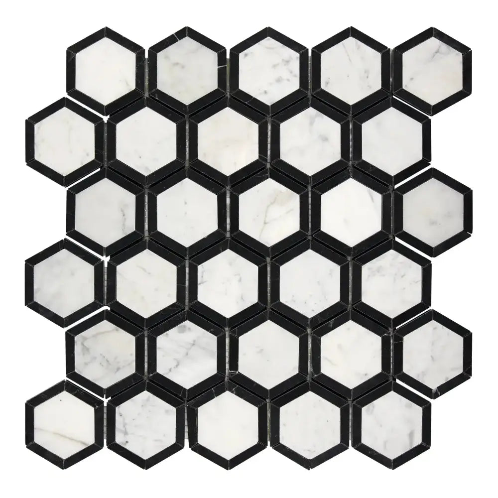 Hexagonal marble mosaic tile in black and white for elegant flooring or backsplash design