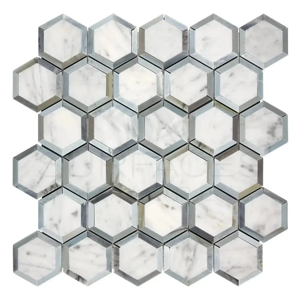 Hexagonal Carrara White Royale marble mosaic tile sheet with blue-gray accents